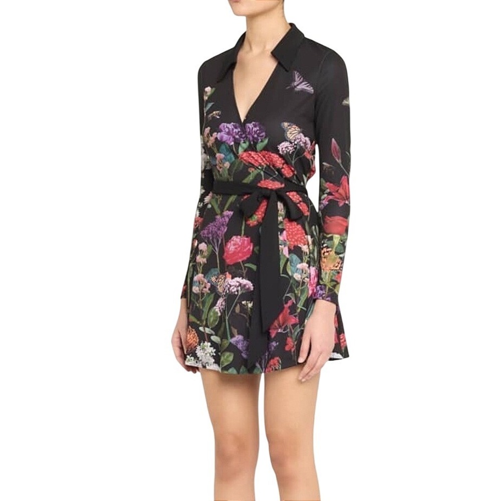 Alice + Olivia Millicent Wrap Dress Black Floral Butterfly Long Sleeve Mini 10 - Picture 5 of 15